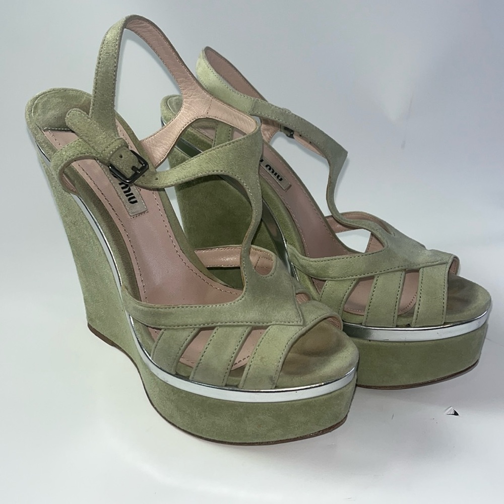 Miu Miu platform wedges in mint green suede